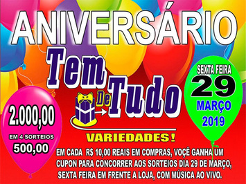 Loja Tem de Tudo Variedades vai sortear 2 mil reais Dia 29 de Março